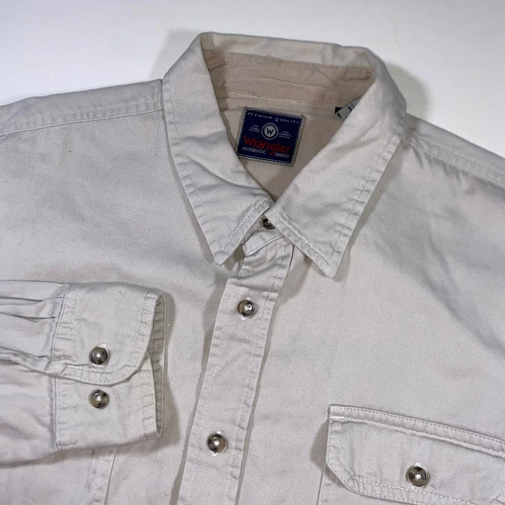 Wrangler Authentic Shirts Mens XL Tan Cotton Twill Long Sleeve Button Down Shirt